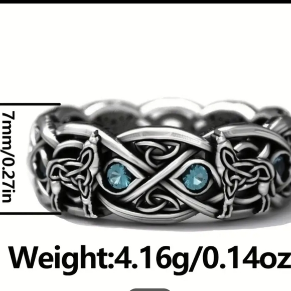 Celtic Blue Rhinestone Ring Wolf Pattern Double Wolf Rhinestone NWT - Picture 5 of 12